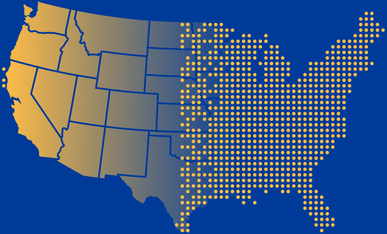 US Map Visualization Map of the United States with western states in solid color and eastern states represented by dots.