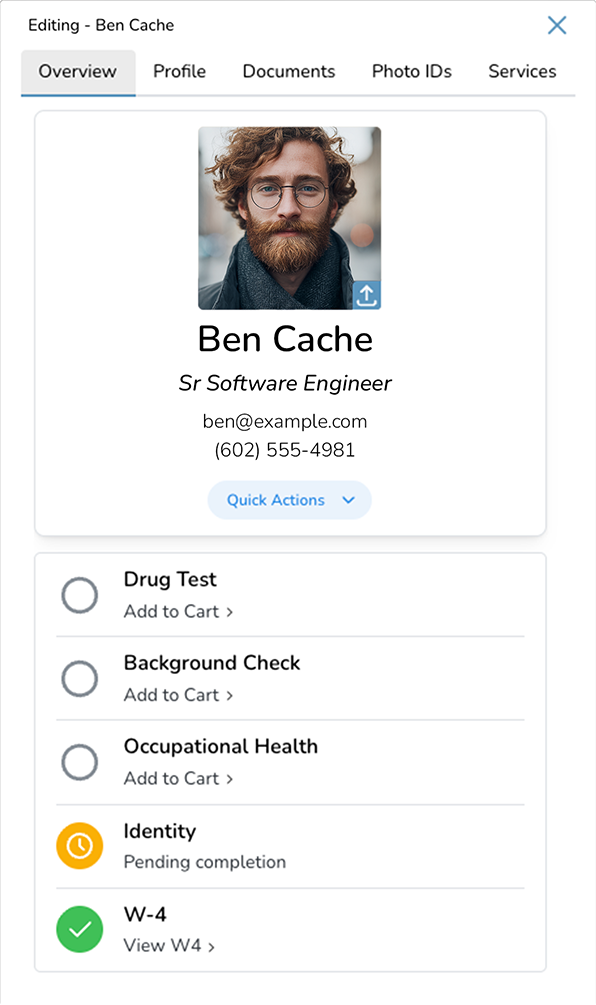 GLASS Hire Person Overview Profile overview of a senior software engineer in GLASS Hire with contact information and service options.