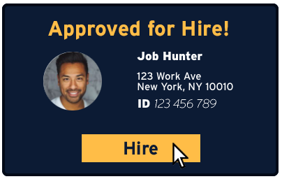 Approved for Hire! Profile card with text 'Approved for Hire!' featuring a photo of an unidentified person, contact details, and a 'Hire' button.