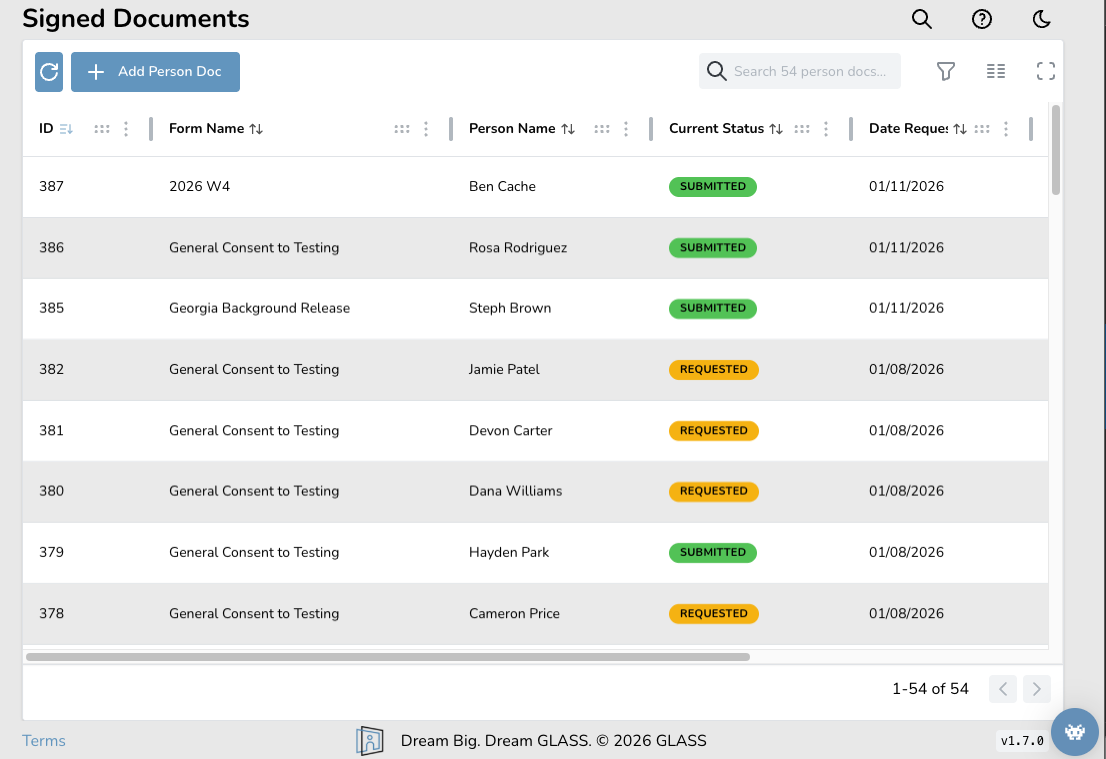 GLASS Hire: Signed Documents - Light Mode Dashboard displaying signed documents with ID, form name, person name, current status, and date requested. Includes options to add a person document and search.