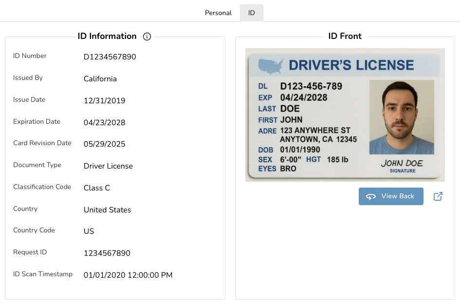 GLASS Hire: Person ID - Light Mode GLASS Hire's person ID interface including a driver's license with personal details including name, address, and photo.