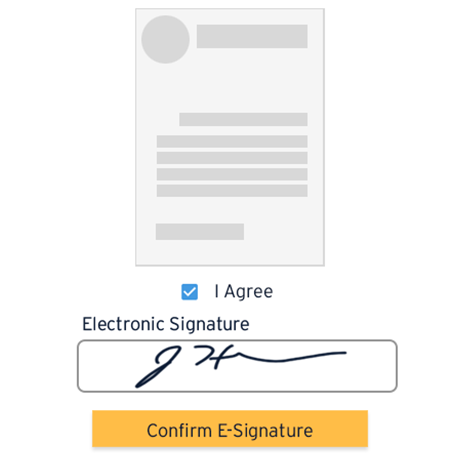 eSign in GLASS Digital document with a checkbox labeled 'I Agree' and an electronic signature field filled, above a button labeled 'Confirm E-Signature'.