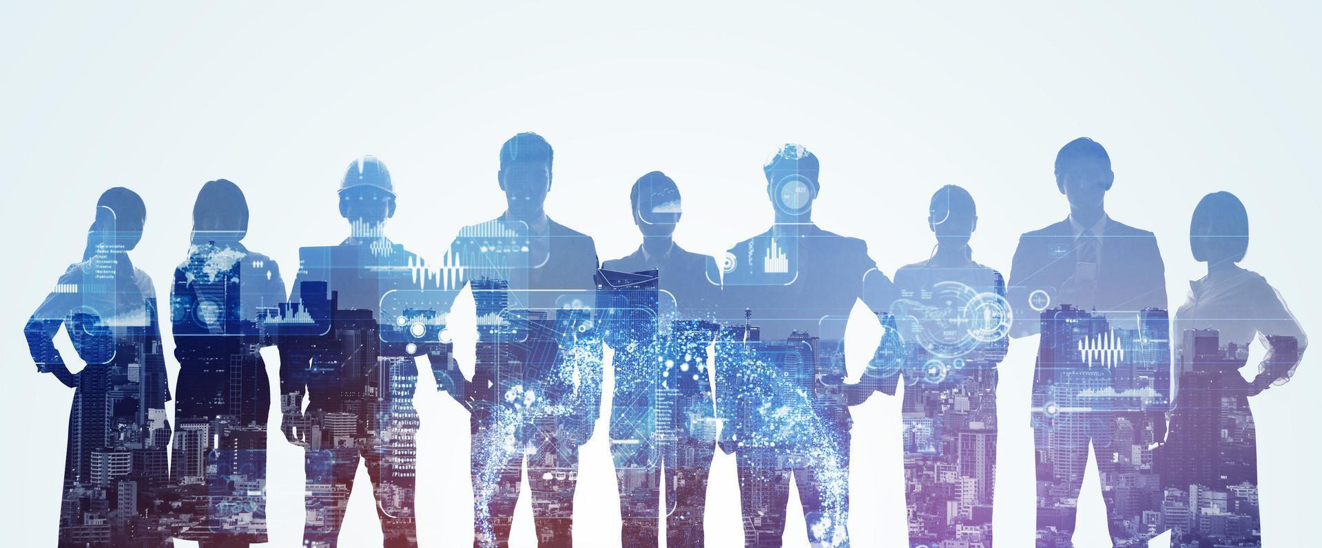 Silhouettes of diverse professionals with digital data overlays and cityscape background.