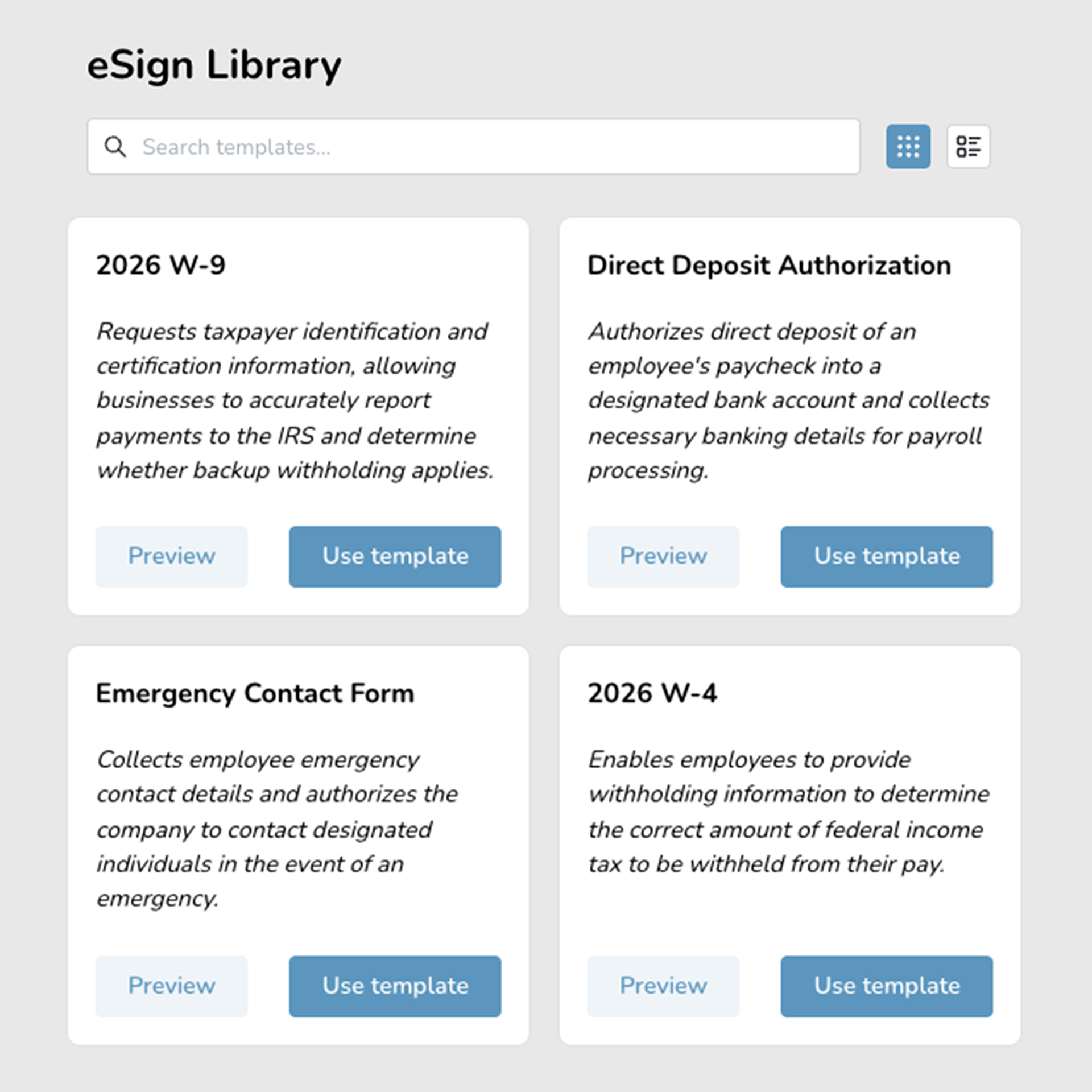 eSign Library interface displaying templates for 2026 W-9, Direct Deposit Authorization, Emergency Contact Form, and 2026 W-4 with options to preview or use each template.