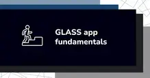 Illustration of a person climbing stairs next to the text 'GLASS app fundamentals' on a dark background.