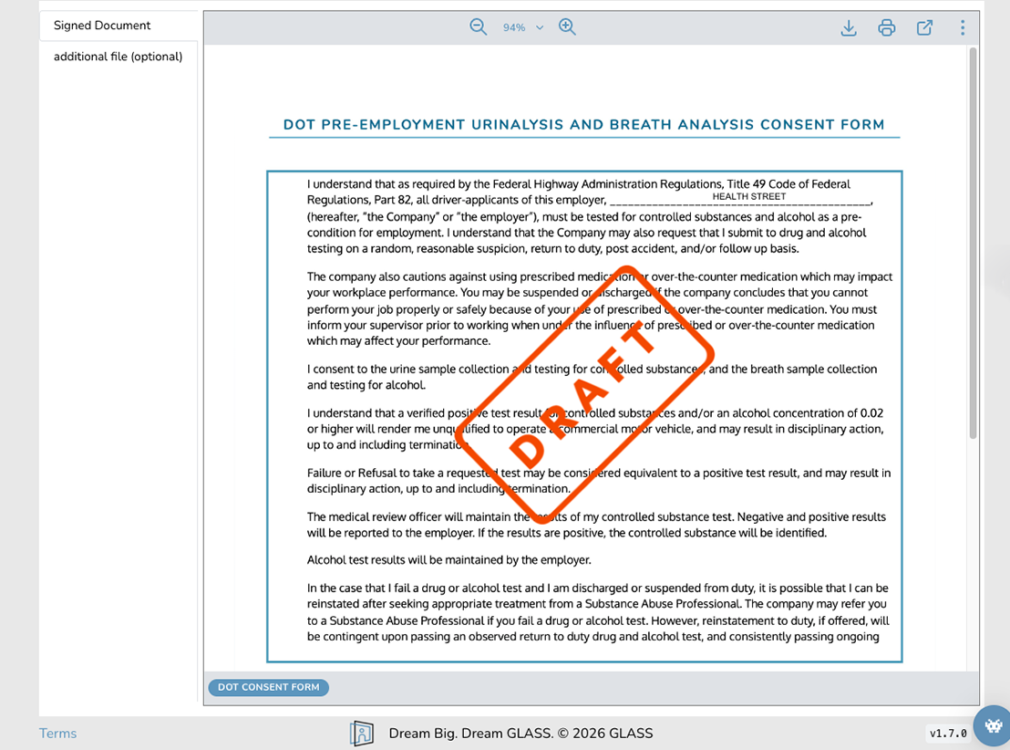 DOT Consent Form Draft - Light Mode Draft of a DOT pre-employment urinalysis and breath analysis consent form with text detailing drug and alcohol testing requirements.