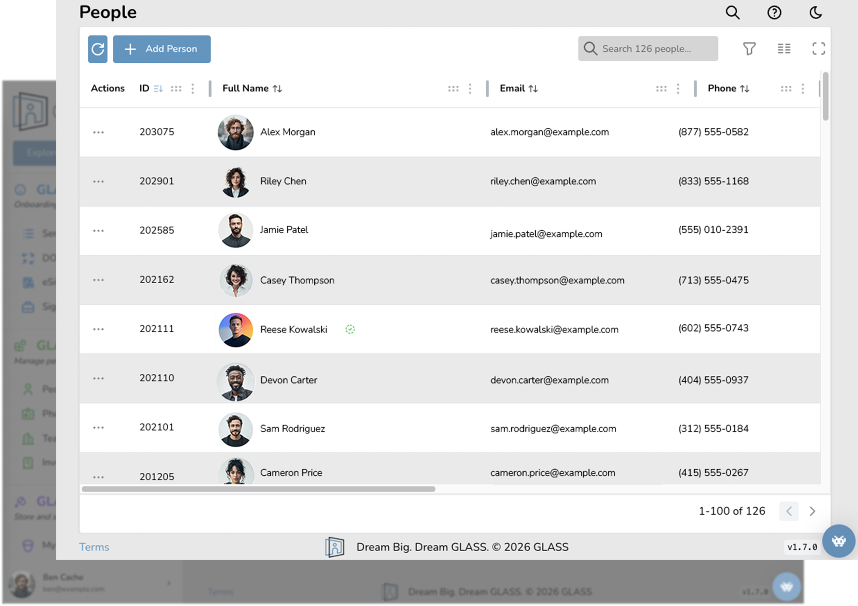 GLASS People GLASS software interface showing People records and information about staff.