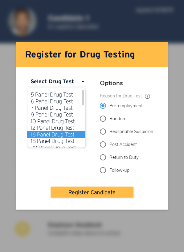 Register for Drug Testing Drug testing registration form with options for selecting a panel drug test and reasons such as pre-employment.