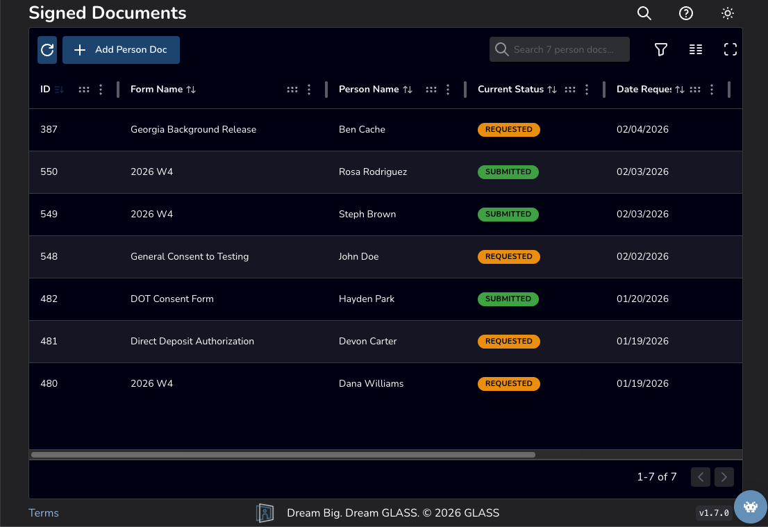 GLASS Hire: Signed Documents - Dark Mode Signed document dashboard displaying signed documents with details such as ID, form name, person name, current status, and date requested. Options to add a new document or search are available.