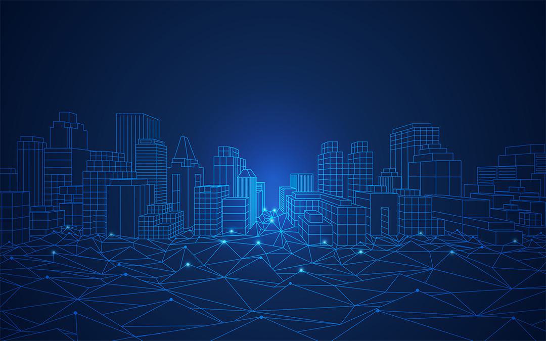 City Wireframe Network Digital wireframe of a city skyline with connected network lines on a dark blue background.