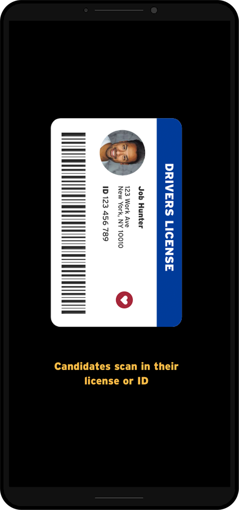 Mobile screen displaying a driver's license with barcode and photo, instructing candidates to scan their license or ID.