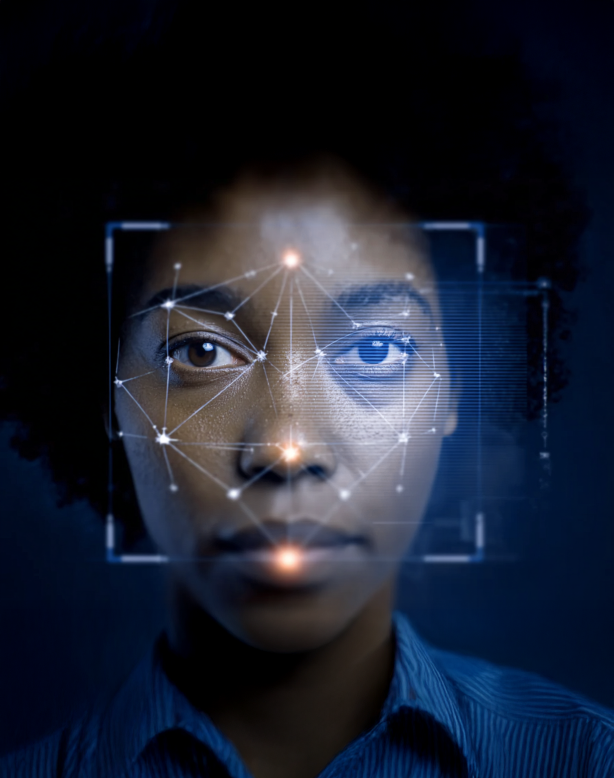 Close-up of a person's face with digital facial recognition overlay, featuring connecting lines and nodes.