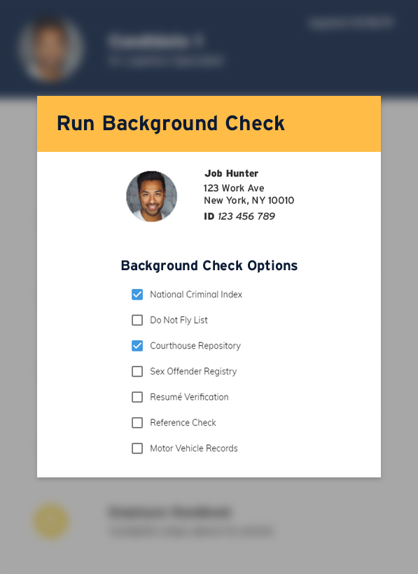 Run Background Check Background check interface showing options like National Criminal Index and Courthouse Repository selected for a candidate named Job Hunter.