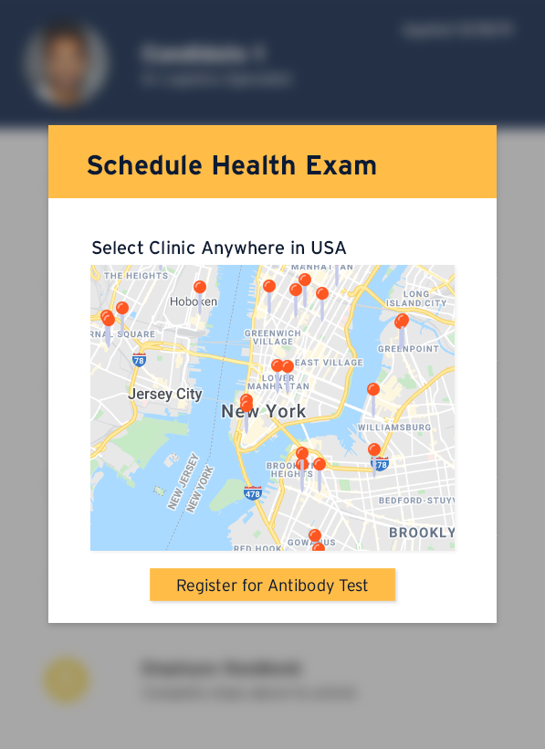Schedule Health Exam Map of New York City with clinic locations marked for scheduling a health exam, featuring a button to register for an antibody test.