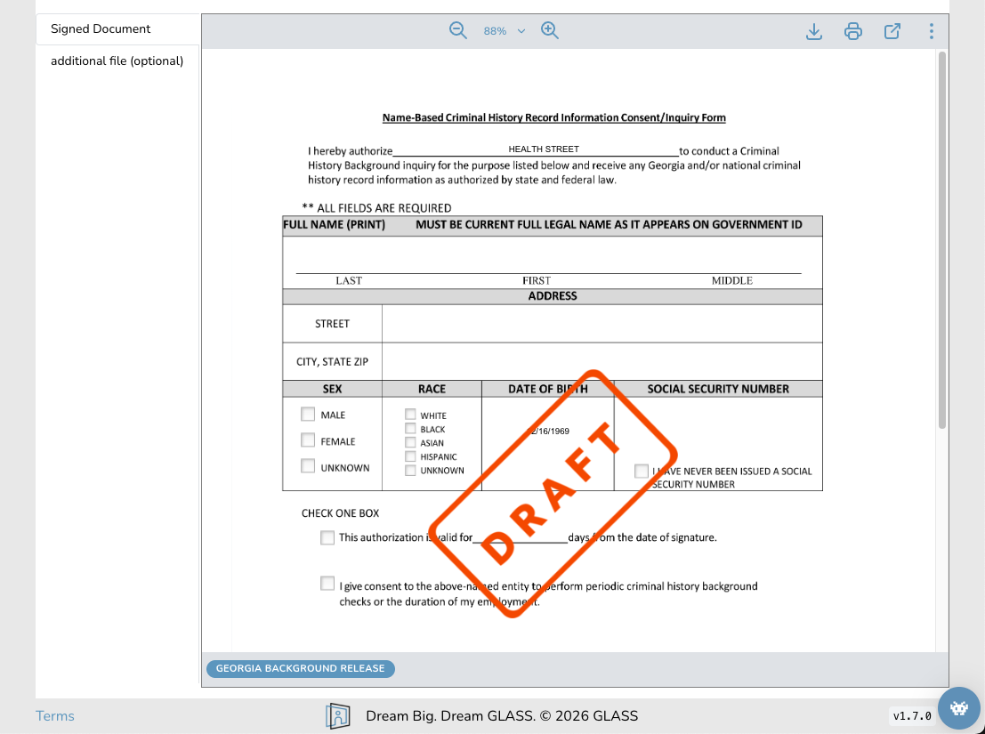 Criminal History Form Draft - Light Mode Name-Based Criminal History Record Information Consent form with a red 'DRAFT' stamp across it.