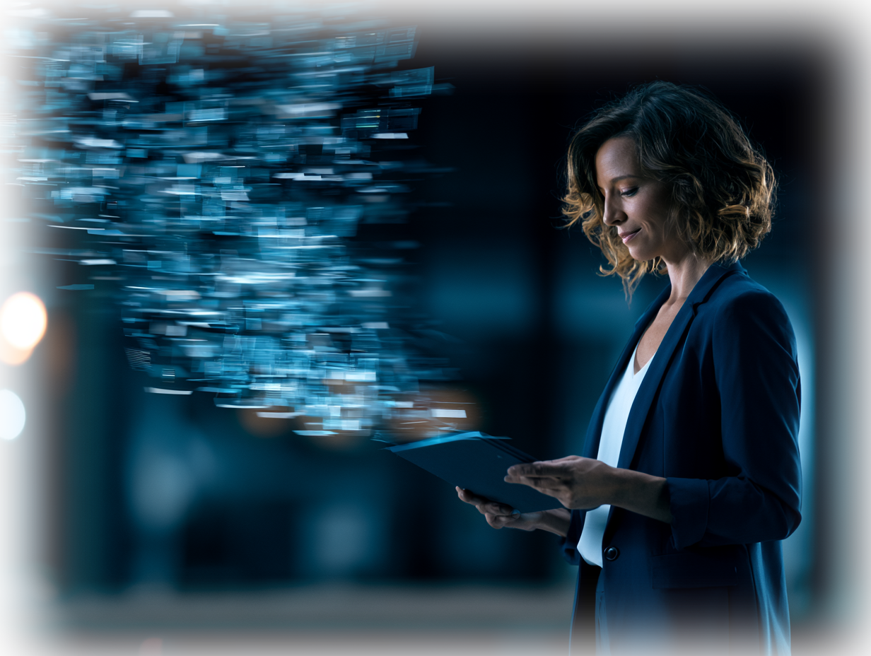 GLASS Drop Woman in a business suit holding a tablet with digital data visualizations emerging from the screen.