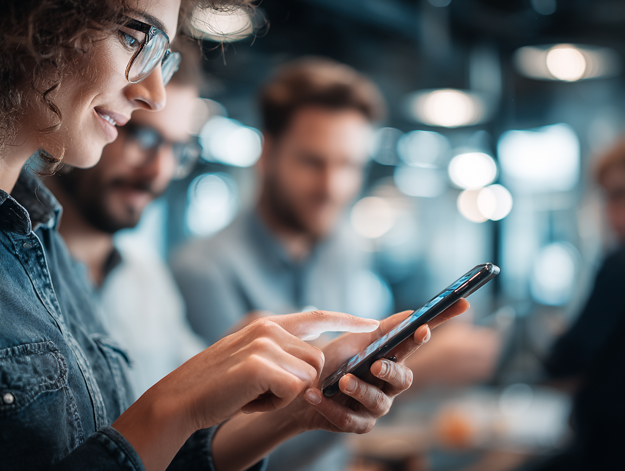 Employer Using GLASS Employer using the GLASS Hire in an office setting with blurred coworkers in the background.