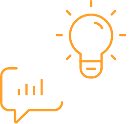 Idea and Communication Icon Orange light bulb and speech bubble icon with lines indicating communication and ideas.