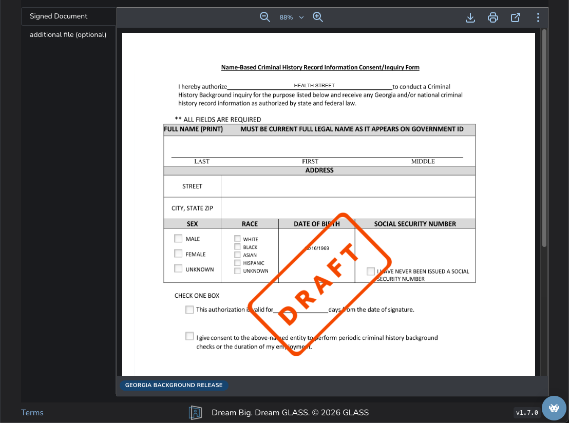 Criminal History Form Draft - Dark Mode Criminal history record information consent form with a large red 'DRAFT' stamp across it.