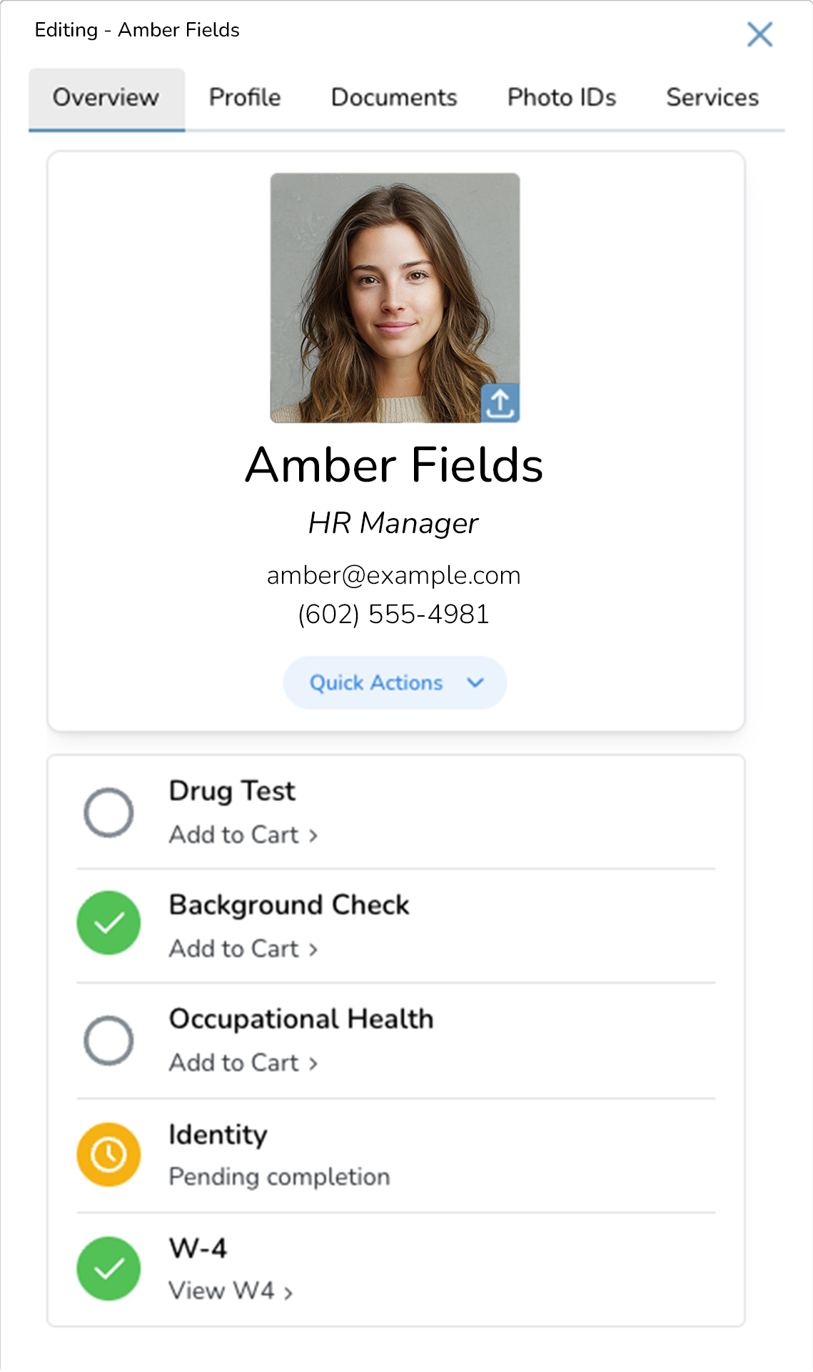 Profile overview of an HR Manager with contact information and service status indicators.
