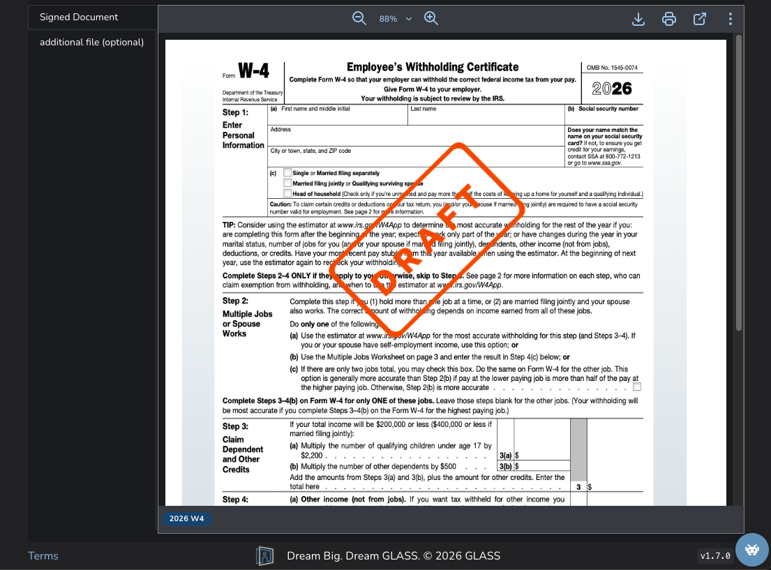 2026 W-4 Draft - Dark Mode Draft version of a 2026 W-4 Employee's Withholding Certificate form with red 'DRAFT' stamp across the document.