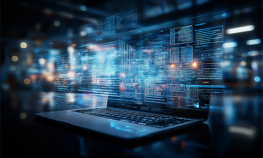 Resources Hero Open laptop displaying digital data and code in a futuristic, blurred background.